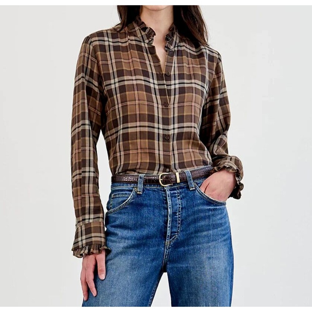 Nili Lotan Lydia Plaid Shirt Blouse Top Buttondown Stand Collar Ruffle XS 287382